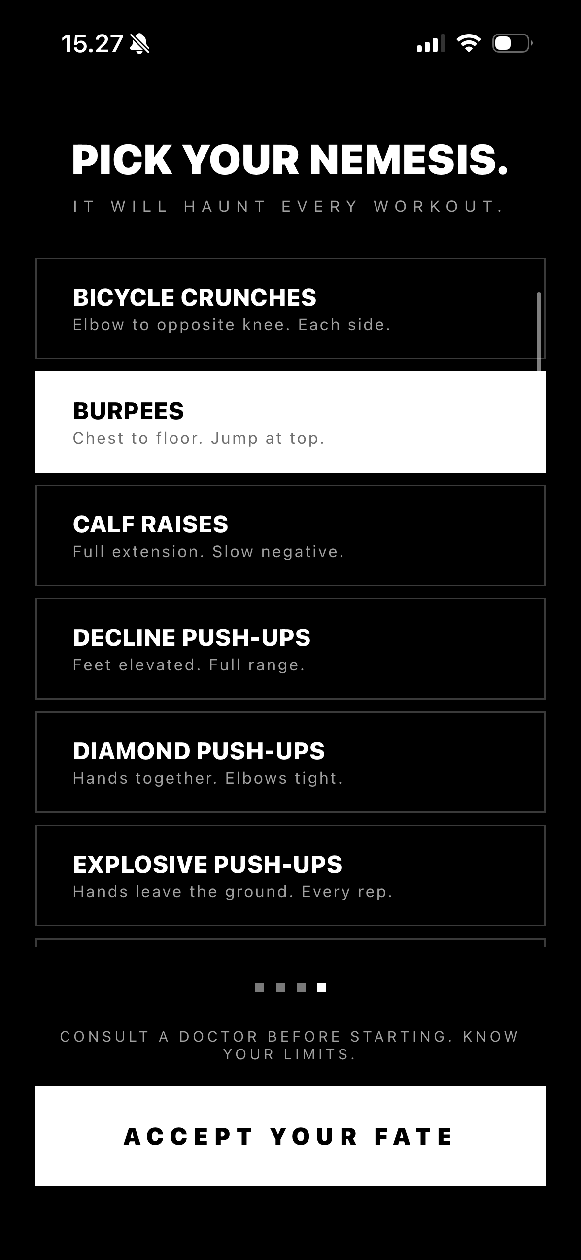 Brutl nemesis picker listing exercises like burpees and diamond push-ups, with an 'Accept your fate' button
